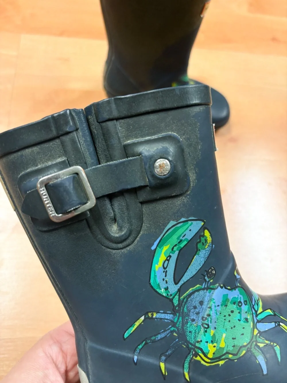 Hunter Navy Blue & Green Crab Graphic Rubber Rain Boots Unisex Toddler 8